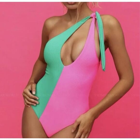 Beach Riot Nia Asymmetric One-Piece Swimsuit Watermelon Pink Green Small NWT - Picture 1 of 6